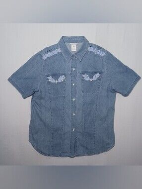Vintage Alexa Em Womens Denim Embroidered Shirt XL Blue Rhinestone Short Sleeve